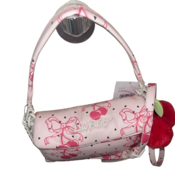 Betsey Johnson Cherry Berry Bow Pom
Top Handle Satchel Bag Crossbody Puffer - Picture 7 of 8
